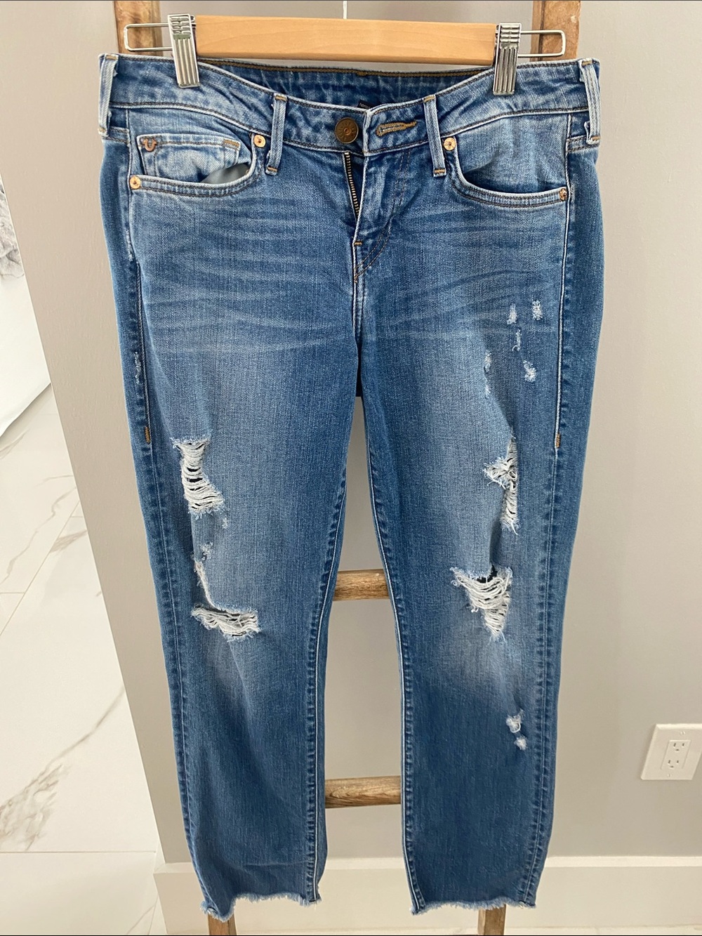 True Religion Distressed Medium Blue Boyfriend Jeans